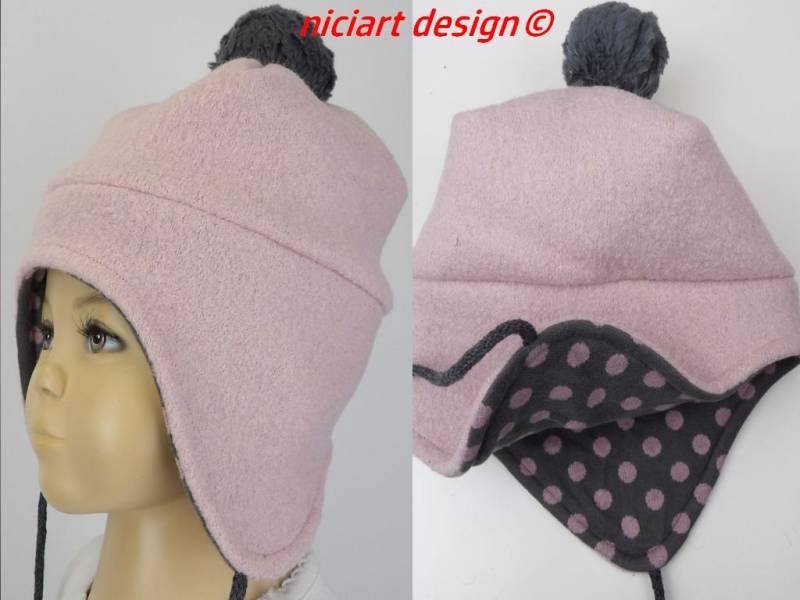 Bommelmütze Walkmütze Wollmütze Schurwolle Strick Ohrenmütze Mit Bommel Rosa Grau Punkte Niciart Design von niciartdesign