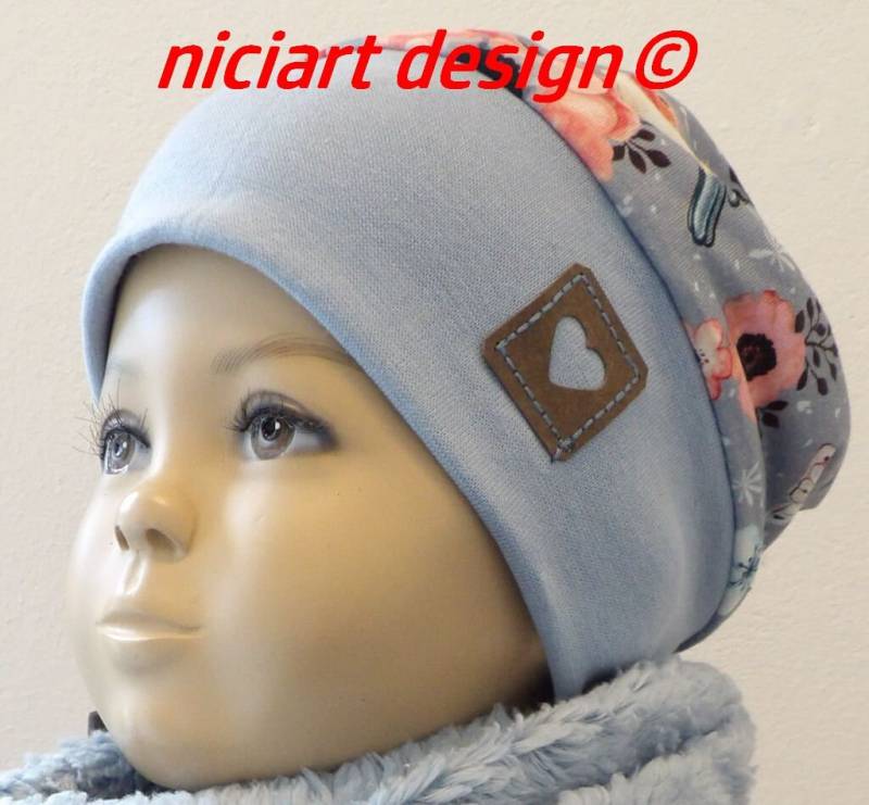 Bündchen Beanie Kinder Wintermütze Winterbeanie Jersey & Baumwollteddy Grau Hellblau Rotkehlchen Niciart Design von niciartdesign