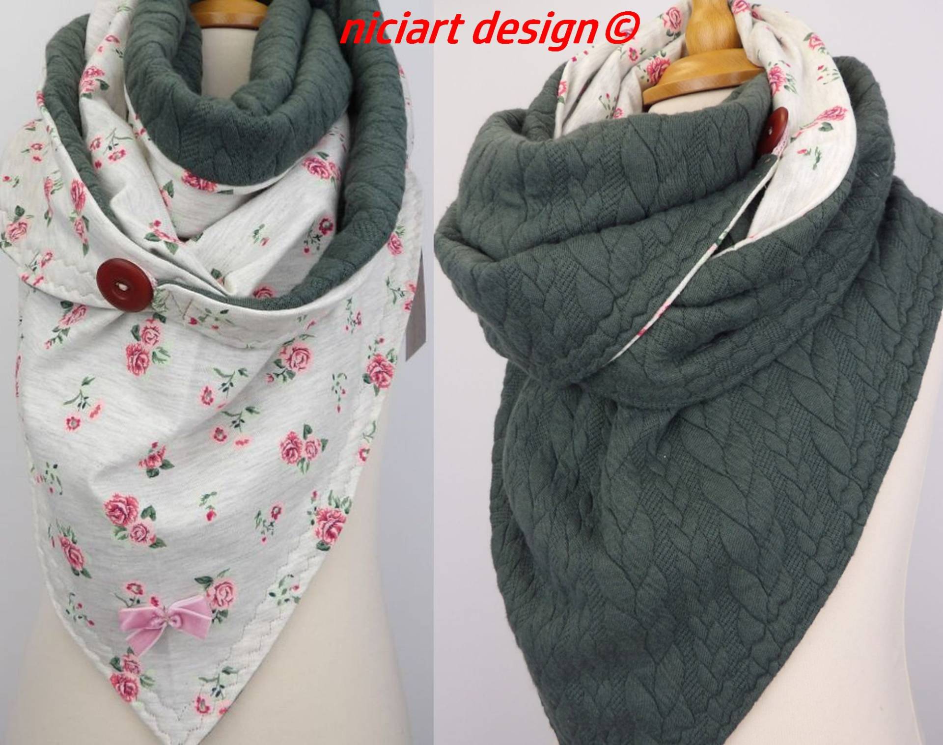 Damenschal Dreiecksschal Wende Wickelschal Bw Jersey & Jacquardstrick Schlaufe U Köpfe Zum Fixieren Wahlw Mütze Niciart Design von niciartdesign