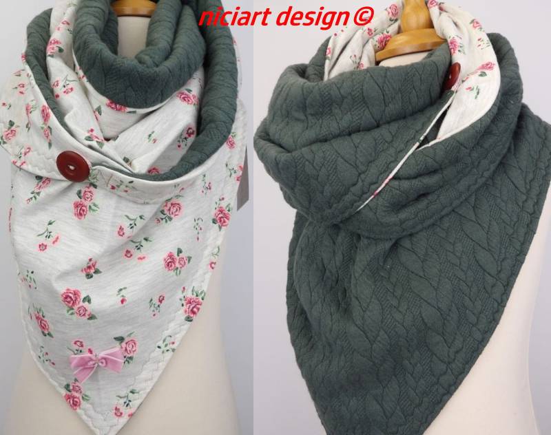 Damenschal Dreiecksschal Wende Wickelschal Bw Jersey & Jacquardstrick Schlaufe U Köpfe Zum Fixieren Wahlw Mütze Niciart Design von niciartdesign