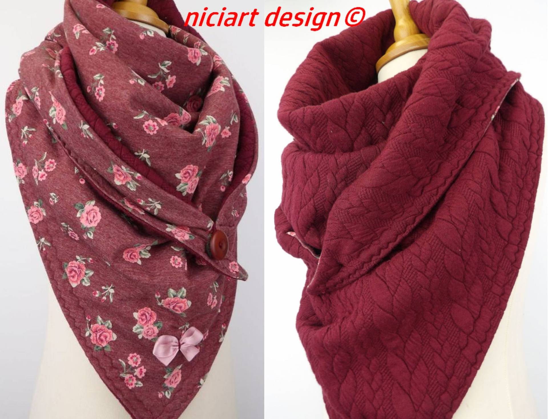 Damenschal Dreiecksschal Wende Wickelschal Bw Jersey & Jacquardstrick Schlaufe U Köpfe Zum Fixieren Wahlw Mütze Niciart Design von niciartdesign