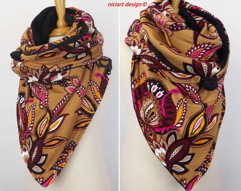 Damenschal Dreiecksschal Wickelschal M Knebelverschluss Camel Schwarz Floral By Niciart Design von niciartdesign