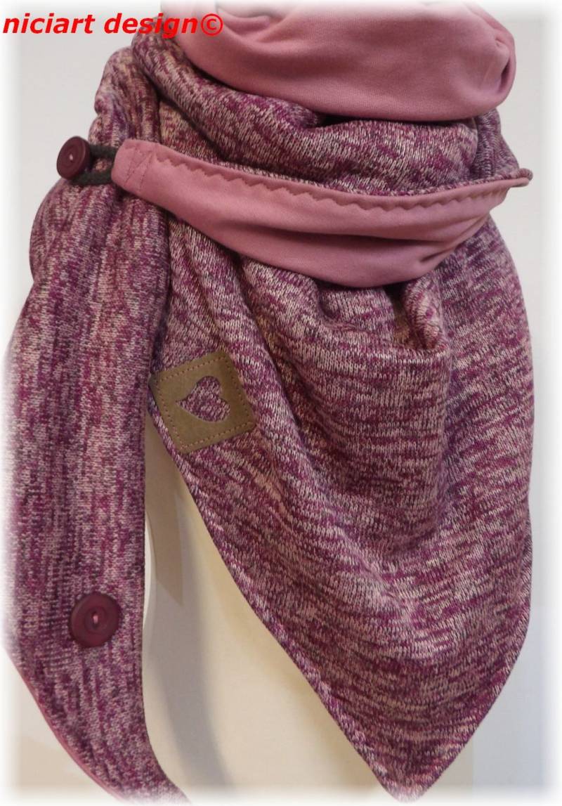 Damenschal Wende Dreiecksschal Wickelschal Schal Strick & Sweat Beere Meliert Altpink Knopf Schlaufe Niciart Design von niciartdesign