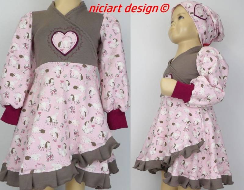 Drehkleid Jersey U Sweatkleid Langarm Mädchenkleid Rüschenkleid Puffärmel Wickeloptik Rosa Taupe Beere Hase & Igel By Niciartdesign von niciartdesign