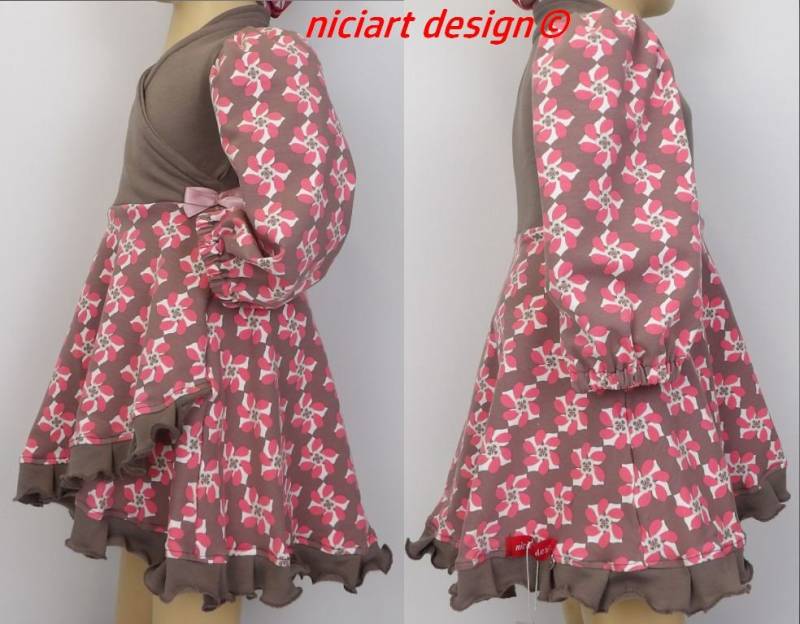 Drehkleid Jersey U Sweatkleid Langarm Mädchenkleid Rüschenkleid Puffärmel Wickeloptik Taupe Pink Blüten By Niciartdesign von niciartdesign