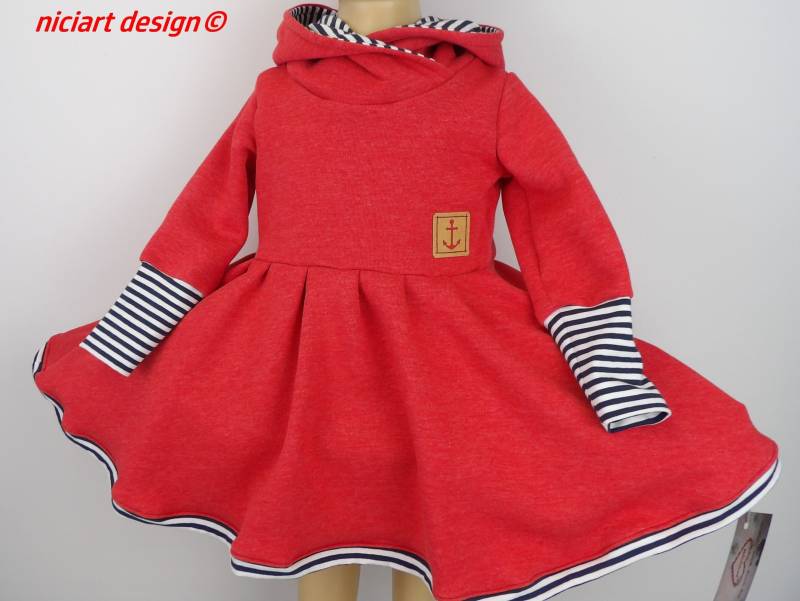 Drehkleid Mädchenkleid Sweatshirtkleid Kapuzen Kleid Kapuzendrehkleid Kuschelkleid Rot Meliert Maritim Niciartdesign von niciartdesign