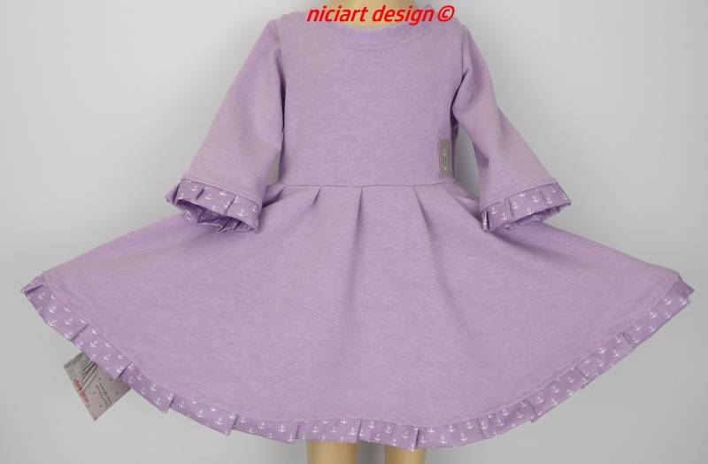 Drehkleid Mädchenkleid Sweatshirtkleid Kuscheliges Kleid 3/4 Arm Rüschen Flieder Anker By Niciartdesign von niciartdesign