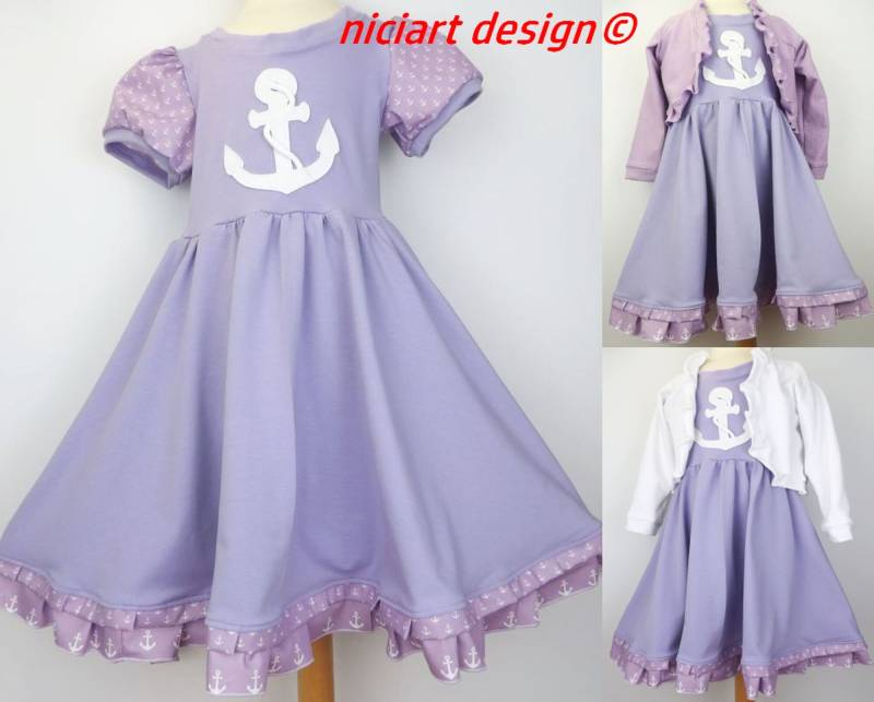 Drehkleid Tellerrock Kleid Mädchenkleid Bw Jersey Flieder Anker Wahlweise Mit Bolerojacke Niciart Design von niciartdesign