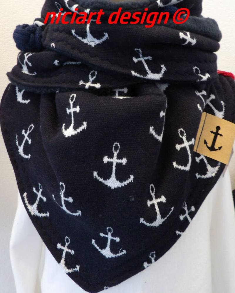 Dreiecksschal Kinder Wickelschal Baumwollstrick Marine Dunkelblau Weiß Anker Neu Knebelschluss Niciart Design von niciartdesign