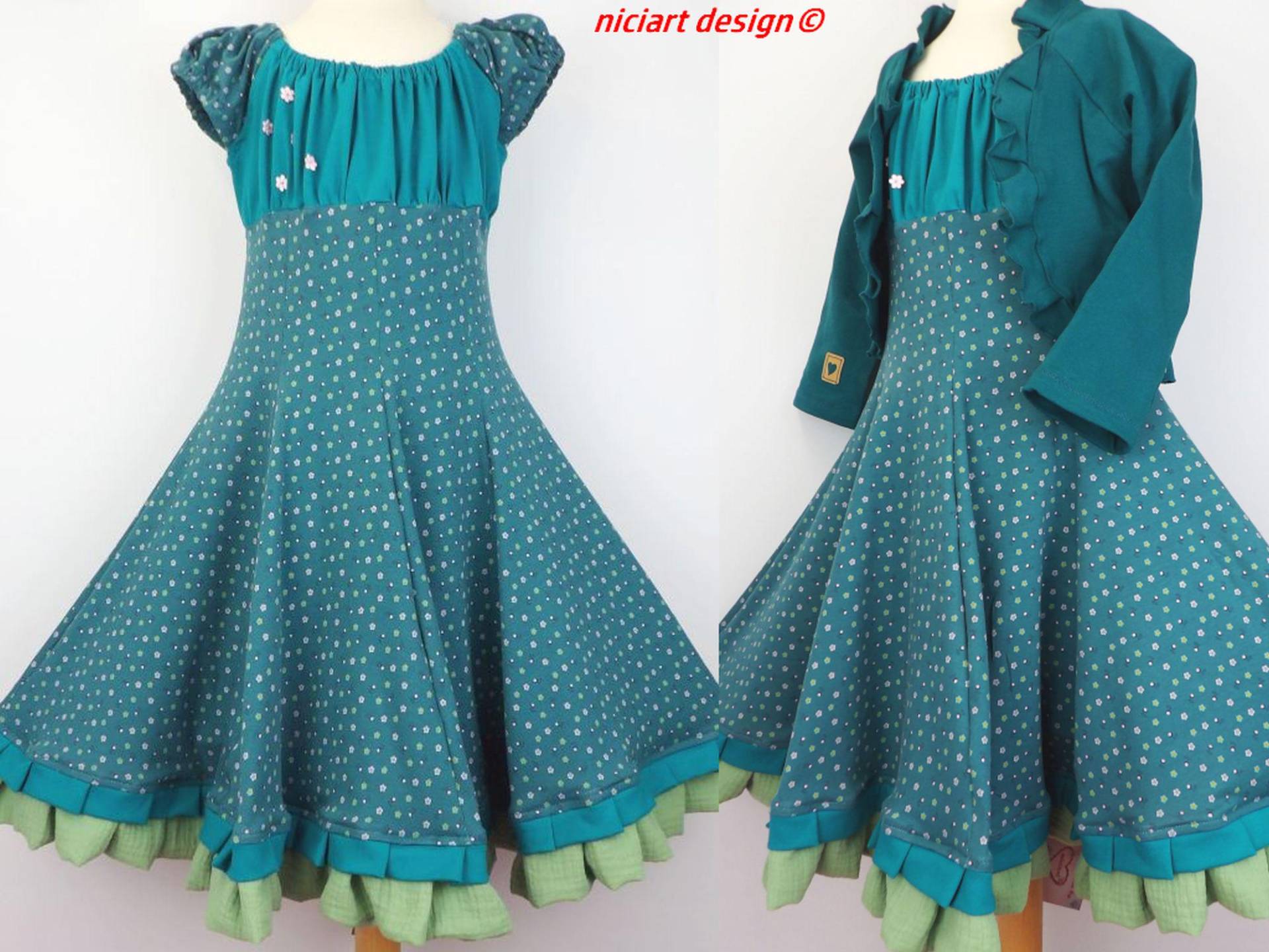 Einschulungskleid Drehkleid Blumenmädchen Kleid Festkleid Partykleid Petrol Blümchen Wahlw. Mit Bolerojacke By Niciart Design von niciartdesign