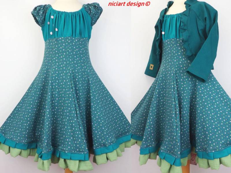 Einschulungskleid Drehkleid Blumenmädchen Kleid Festkleid Partykleid Petrol Blümchen Wahlw. Mit Bolerojacke By Niciart Design von niciartdesign