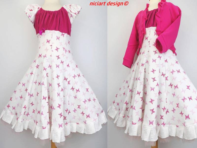 Einschulungskleid Drehkleid Blumenmädchen Kleid Festkleid Partykleid Schmetterlinge Pink Rosa Weiß Wahlw. Mit Bolerojacke By Niciart Design von niciartdesign
