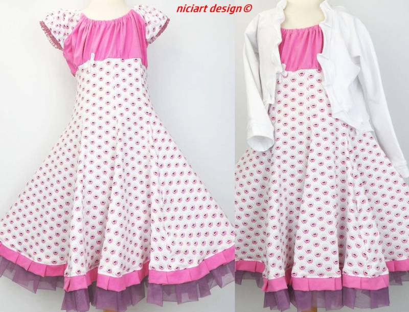 Einschulungskleid Drehkleid Blumenmädchen Kleid Partykleid Rosa Weiß Floral Wahlw. Mit Bolerojacke O Stirnband Niciart Design von niciartdesign