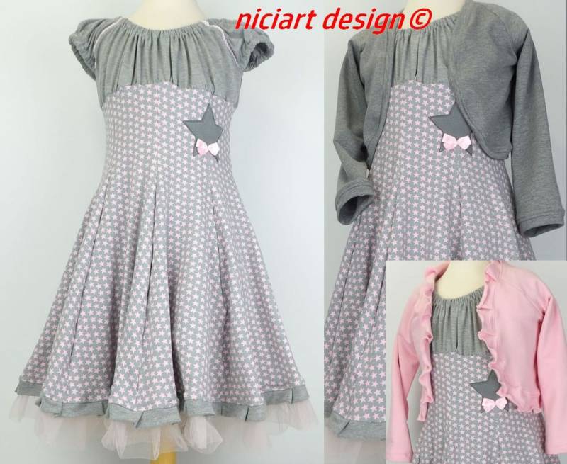 Sale Gr 122-128 Einschulungskleid Drehkleid Blumenmädchen Kleid Partykleid Sternchen Hellgrau Rosa Wahlw. Mit Bolerojacke Niciart Design von niciartdesign