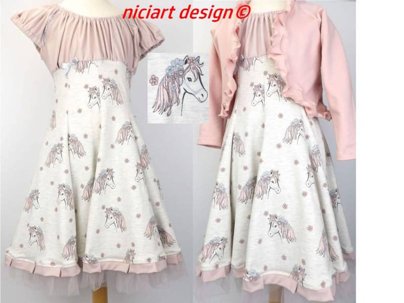 Einschulungskleid Drehkleid Festkleid Partykleid Jerseykleid Glitzerpferdchen Pferd Wahlw. Mit Bolerojacke O Stirnband Niciart Design von niciartdesign