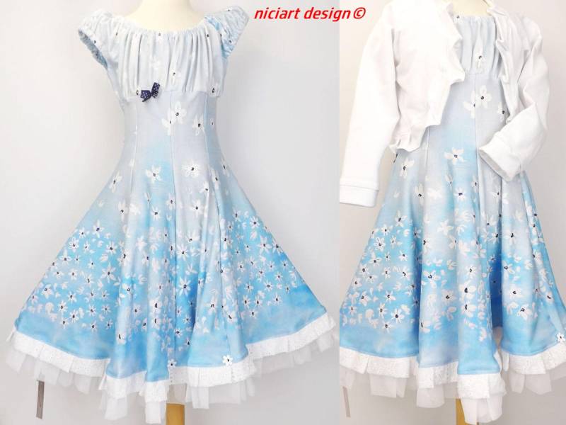 Einschulungskleid Drehkleid Festkleid Partykleid Mädchenkleid Hellblau Weiß Blüten Wahlw. Mit Bolerojacke O Stirnband Niciart Design von niciartdesign