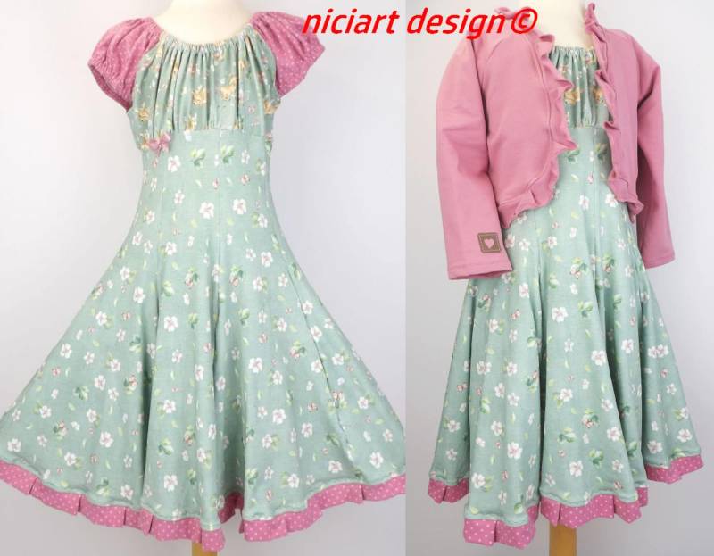 Einschulungskleid Drehkleid Mädchen Festkleid Partykleid Jerseykleid Mint Blumen & Rehe Wahlw. Mit Bolerojacke O Stirnband Niciart Design von niciartdesign
