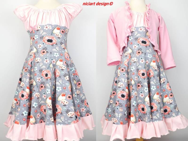 Einschulungskleid Jerseykleid Drehkleid Mädchen Festkleid Partykleid Rotkehlchen Grau Rosa Wahlw. Mit Bolerojacke O Stirnband Niciart Design von niciartdesign