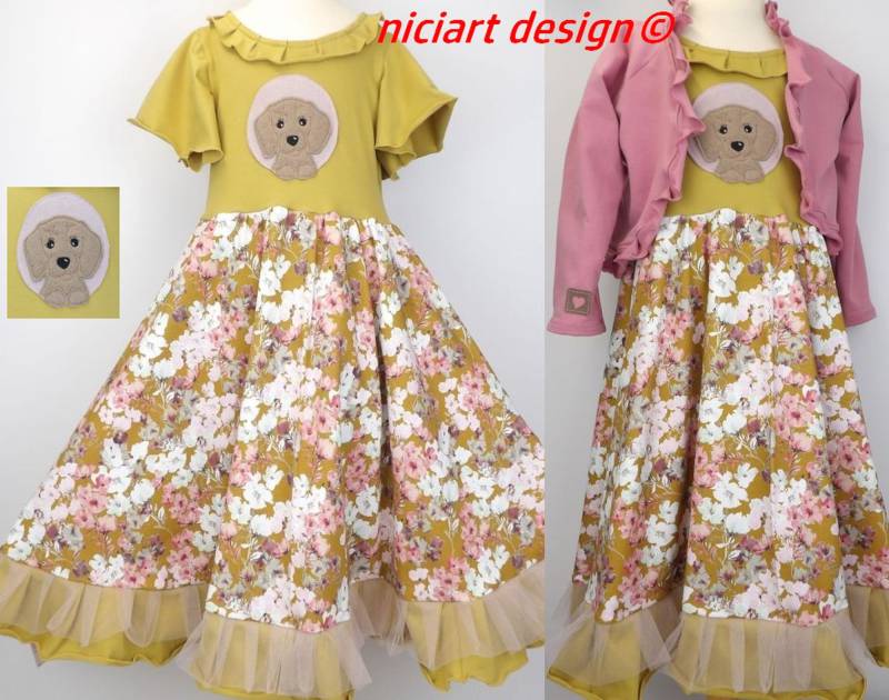 Einschulungskleid Partykleid Sommerkleid Blumenmädchen Kleid Hund Welpe Senfgelb Blumenmeer Wahlweise Mit Stirnband O Bolero Niciartdesign von niciartdesign