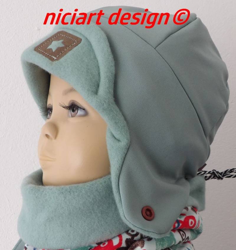 Fliegermütze Pilotenmütze Softshell Baumwollfleece Ohrenmütze Wintermütze Mint Niciart Design von niciartdesign