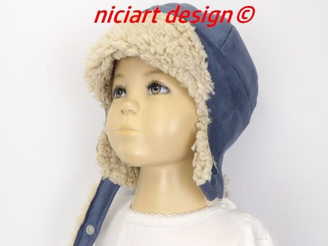 Fliegermütze Pilotenmütze Waschleder Lammfellimitat Ohrenmütze Wintermütze Jeansblau By Niciart Design von niciartdesign