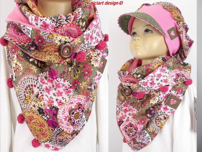 Kinder Wickelschal Dreieckstuch Dreiecksschal Bw U Bw Jersey Taupe Pink Buntig Floral Knöpfe Schlaufe Z Fixieren von niciartdesign
