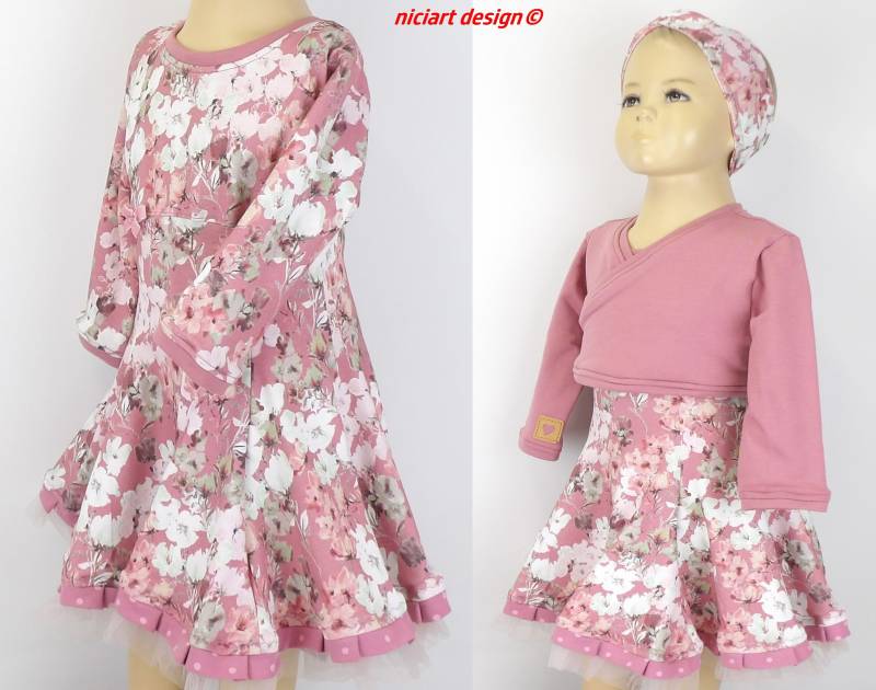 Sale Gr 86-92 Kleid Drehkleid Weit Schwingend Partykleid Mädchenkleid Bw Jersey Altpink Altrosa Blumen Wahlweise Mit Bolero Niciart Design von niciartdesign
