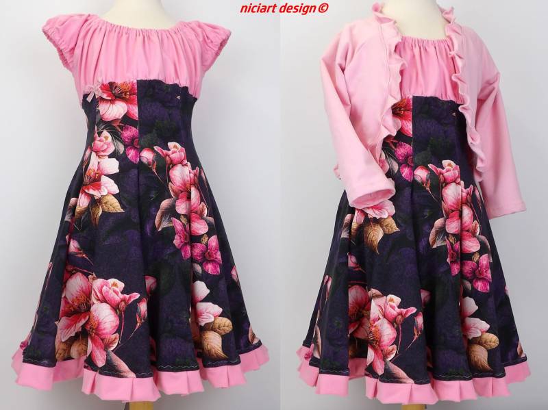 Kleid Einschulungskleid Jerseykleid Drehkleid Festkleid Partykleid Blütenmeer Lila Rosa Wahlweise Mit Bolerojacke O Stirnband Niciart Design von niciartdesign