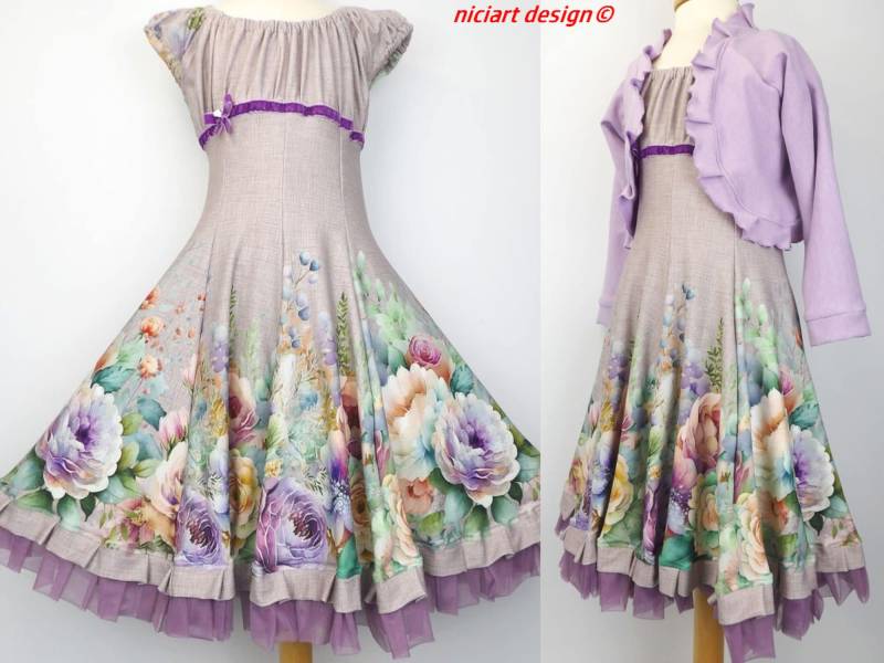 Kleid Einschulungskleid Jerseykleid Drehkleid Festkleid Partykleid Flowers Altrosa Flieder Bunt Wahlw. Mit Bolerojacke Niciart Design von niciartdesign