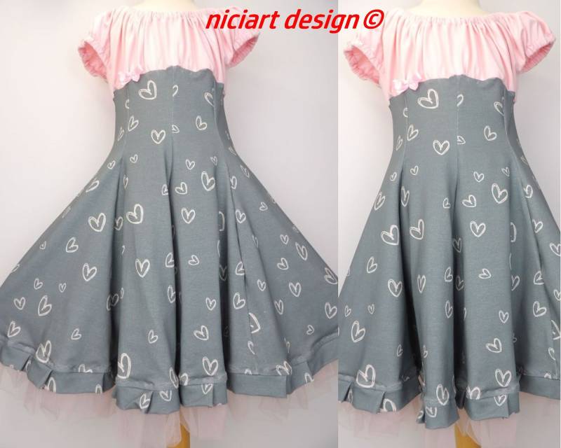 Kleid Einschulungskleid Jerseykleid Drehkleid Festkleid Partykleid Herzen Hellgrau Rosa Wahlw. Mit Bolerojacke O Stirnband Niciart Design von niciartdesign