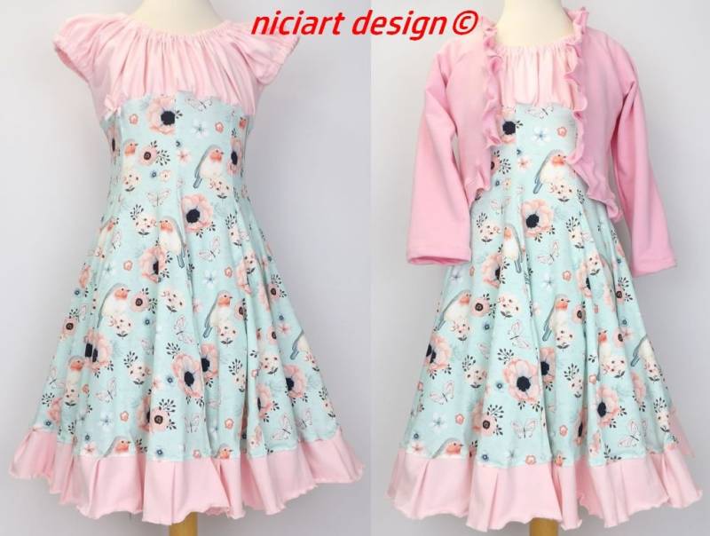 Kleid Einschulungskleid Jerseykleid Drehkleid Festkleid Partykleid Rotkehlchen Mint Rosa Wahlw. Mit Bolerojacke O Stirnband Niciart Design von niciartdesign