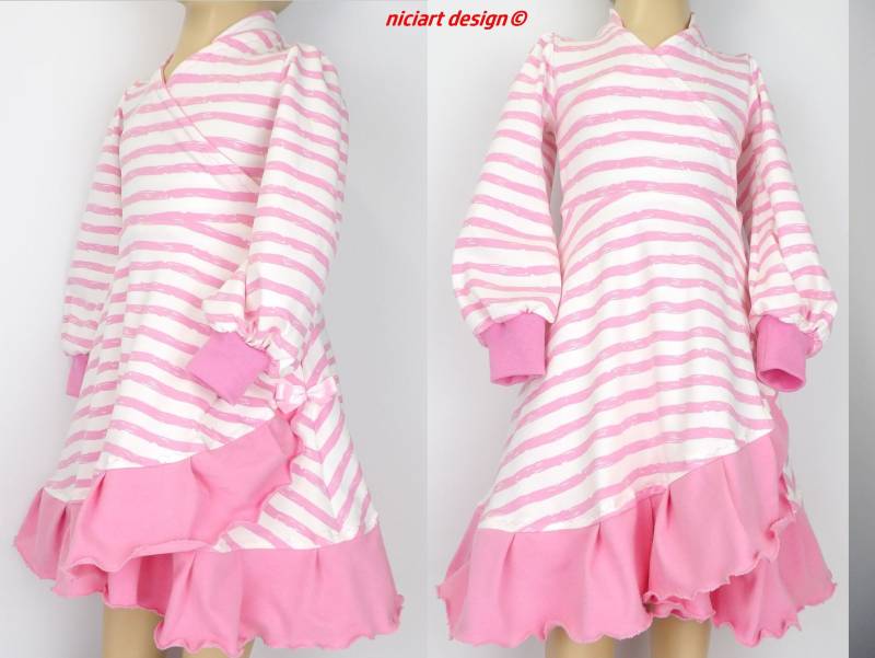 Sale Gr 86-92 Kleid Jerseykleid Langarm Mädchenkleid Rüschenkleid Puffärmel Wickeloptick Rosa Weiß Hipsterstreifen Niciartdesign von niciartdesign
