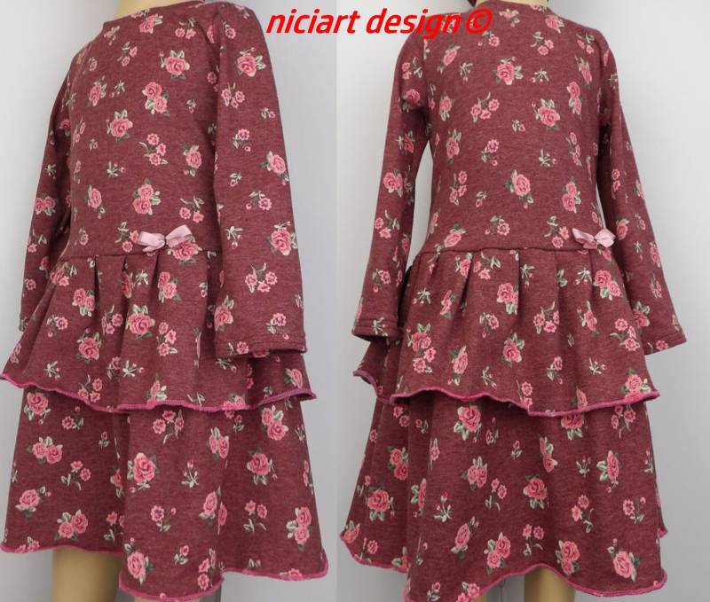 Kleid Jerseykleid Langarm Mädchenkleid Volantkleid Ganzjährig Bordeaux Meliert Röschen Niciartdesign von niciartdesign