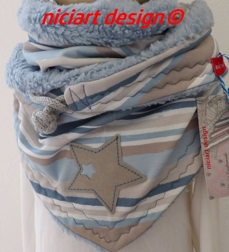 Kuscheliger Wickelschal Dreiecksschal Dreieckstuch Bw Jersey Baumwollteddy Hellblau Greige Hipsterstreifen Stern Niciart Design von niciartdesign