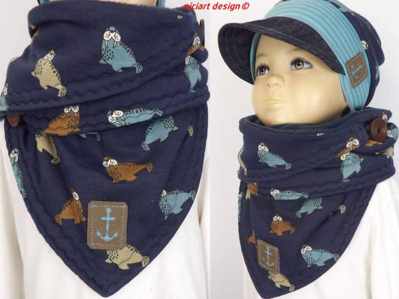 Kuscheliger Wickelschal Dreiecksschal M. Verschluss Wächst Mit Bw Jersey & Polarfleece Walross Niciart Design von niciartdesign