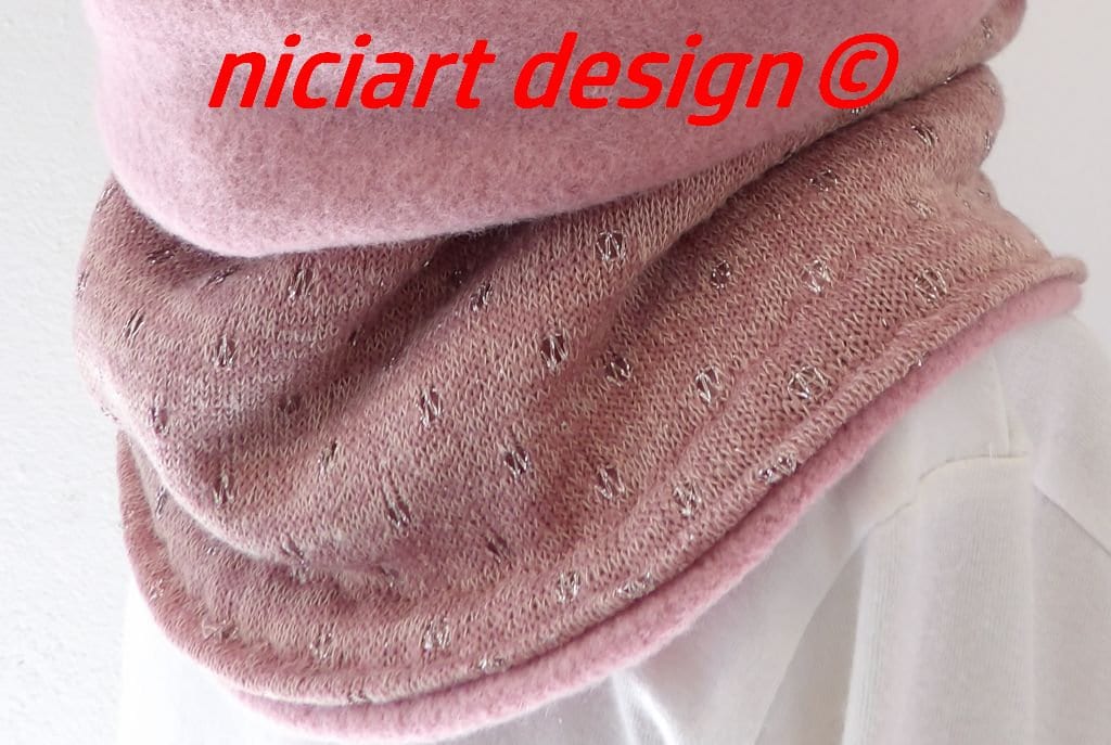 Loop Schal Schlupfschal Feinstrick & Baumwollfleece Glitzer Lochstickerei Altrosa Winterschal Kinder Muckelig Warm Niciart Design von niciartdesign