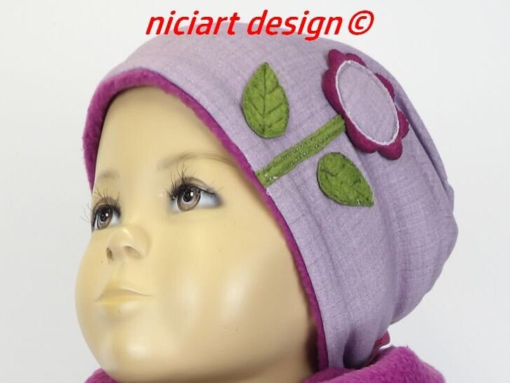 Mütze Herbst - Wintermütze Beanie Bw Jersey & Polarfleece Kinder Winterbeanie Flieder Beere Blume Niciart Design von niciartdesign