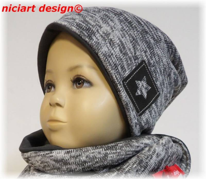 Mütze Strickmütze Beaniemütze Kinder & Damen/Herrenmütze Beanie Baumwollstrick /Sweat O Fleece Grau Meliert Niciart Design von niciartdesign