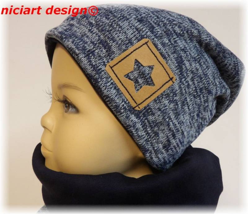 Mütze Strickmütze Wintermütze Beanie Baumwollstrick /Sweat O Fleece Beaniemütze Blau Meliert Niciart Design von niciartdesign
