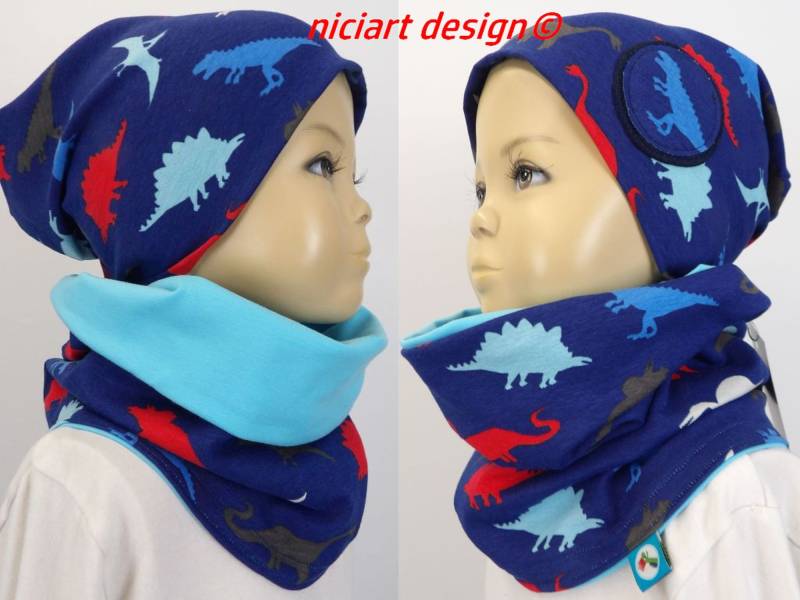 Mütze U Loop Set Frühjahr Sommer Tube Beanie & Halstuch Jersey Buntig Dinos Dinosauriaaa Niciart Design von niciartdesign