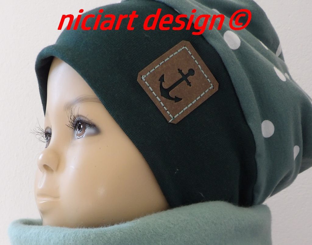 Mütze Winter Kinder Bündchen Beanie Wintermütze Winterbeanie Jersey & Baumwollfleece Altgrün Mint Punkte Dots Anker Niciart Design von niciartdesign