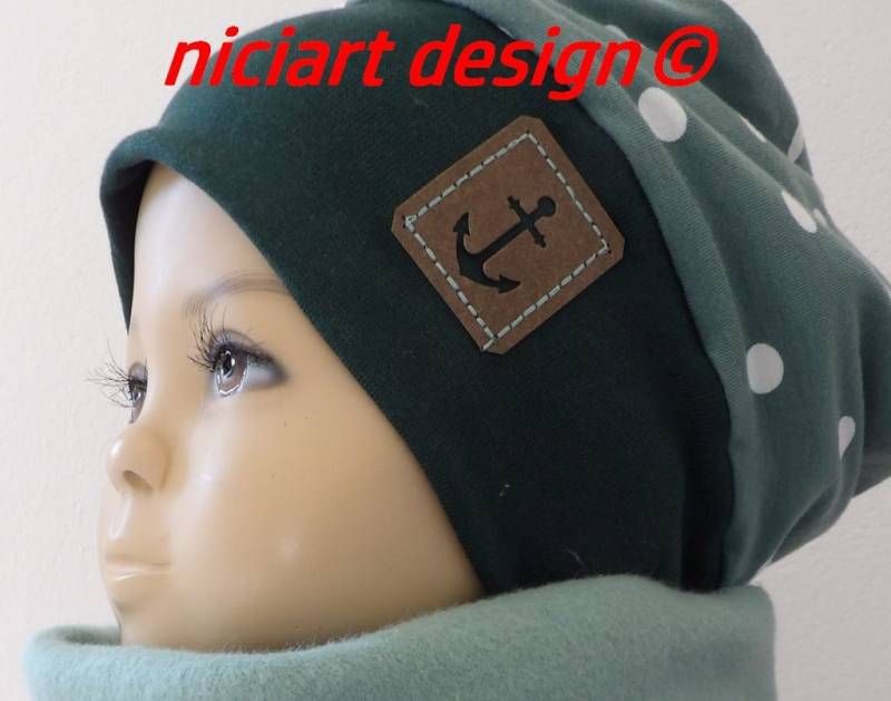 Mütze Winter Kinder Bündchen Beanie Wintermütze Winterbeanie Jersey & Baumwollfleece Altgrün Mint Punkte Dots Anker Niciart Design von niciartdesign