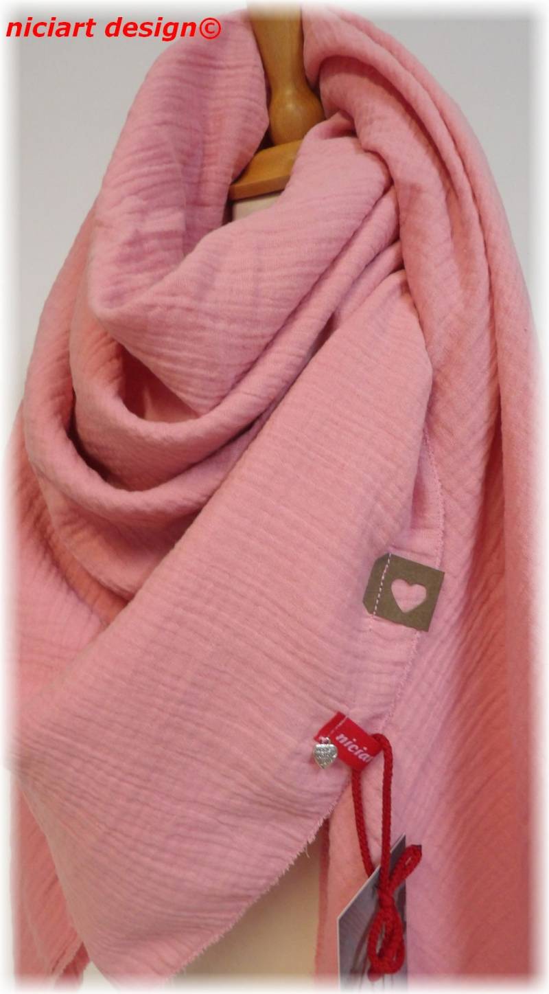 Musselintuch Xxl Damentuch Wende Musselin Tuch Damenschal Dreieckstuch Schal Rosa Uni 100% Baumwolle Niciart Design von niciartdesign