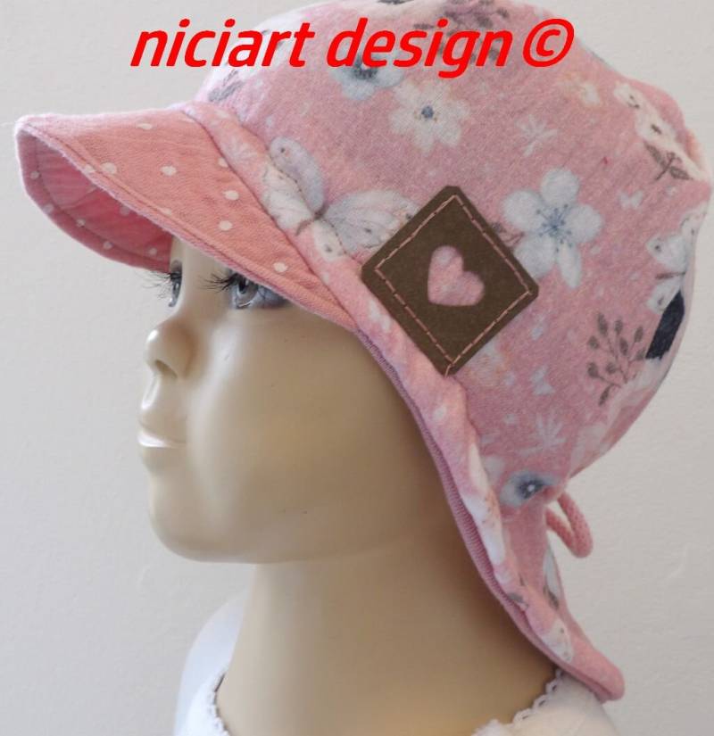 Nackenmütze Sommermütze Nackenschutz Sommerhut Schirmmütze Musselinmütze 100% Baumwolle Rosa Rotkehlchen Niciart Design von niciartdesign