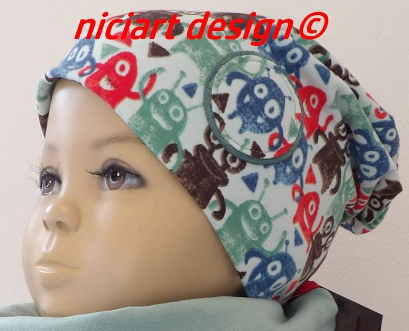 Niciart Designer Beanie Mütze Bw Jersey Frühj Sommer Monstaaaa 100% Baumwolle Monstermütze von niciartdesign