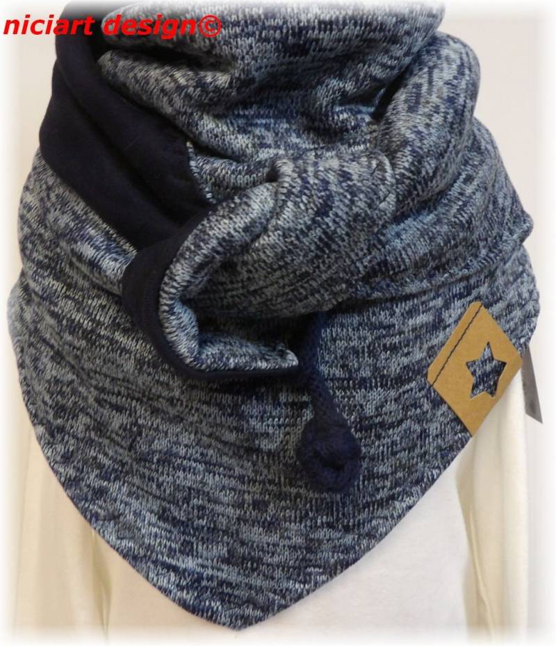Niciart Designer Dreiecksschal Kinder Wickelschal Strickschal Baumwollstrick Schal Blau Meliert Sweat Knebelknoten U Schlaufe von niciartdesign