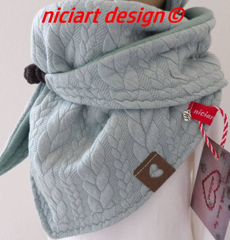 Niciart Designer Dreiecksschal Kinder & Damen Wickelschal Strickschal Jacquardstrick Und Baumwollfleece Mint Altmint Zopfmuster von niciartdesign