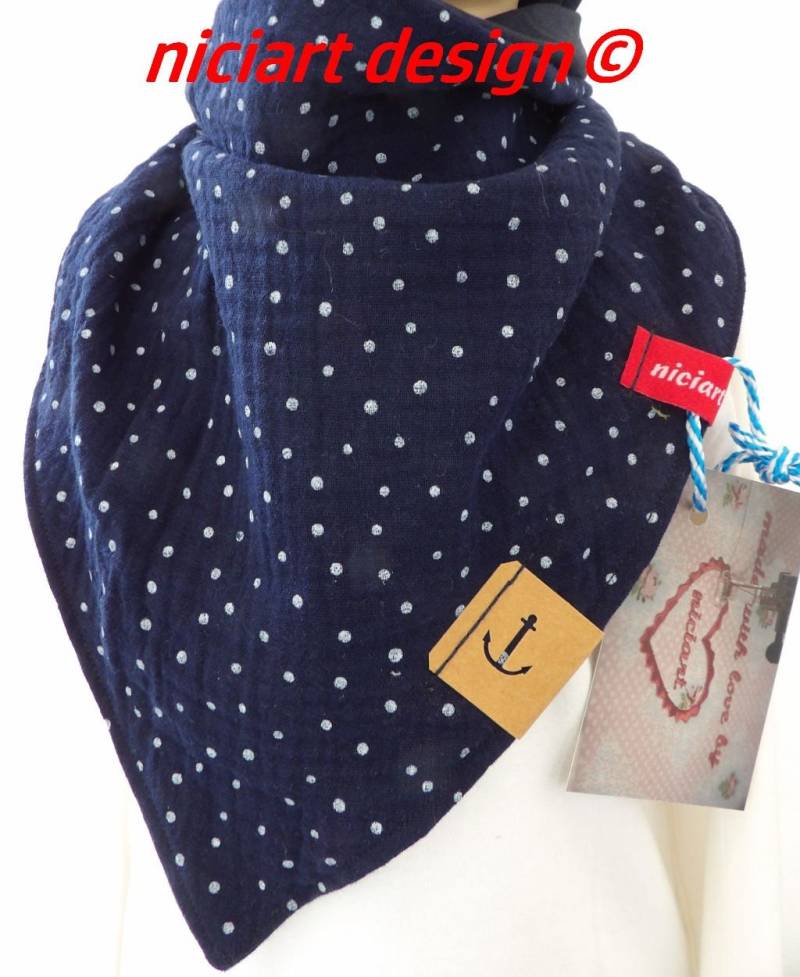 Niciart Designer Kinder Dreieckstuch Zum Knoten Halstuch Musselin & Bw Jersey Doppellagig Wendbar Marine Dunkelblau Pünktchen U Uni von niciartdesign