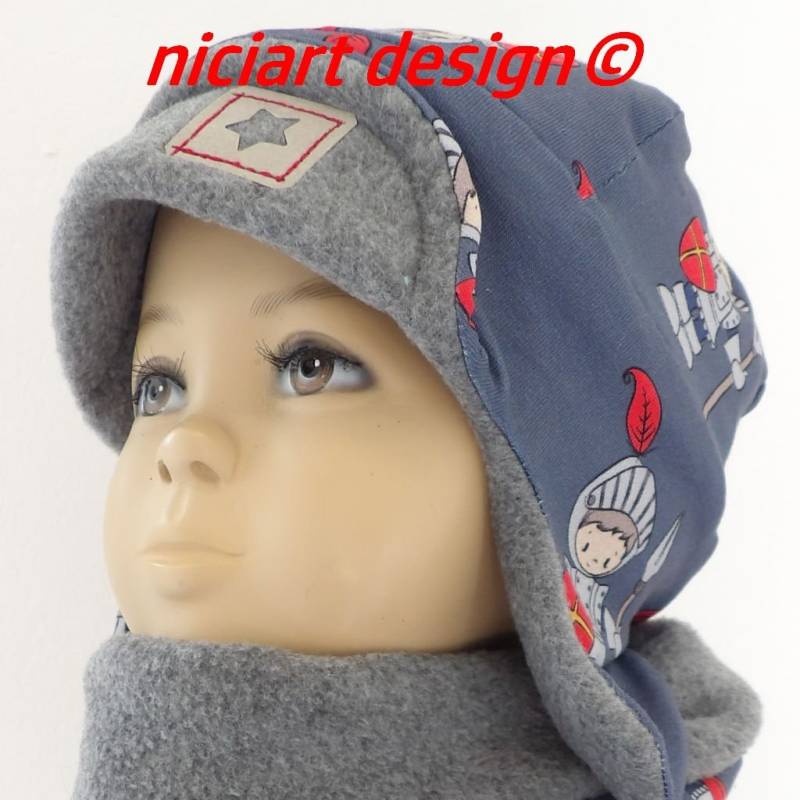 Niciart Designer Kinder Fliegermütze Winter Pilotenmütze Gefüttert Ohrenmütze Bw Jersey & Polarfleecefutter Grau Blau Rot Ritter Kuschelig von niciartdesign