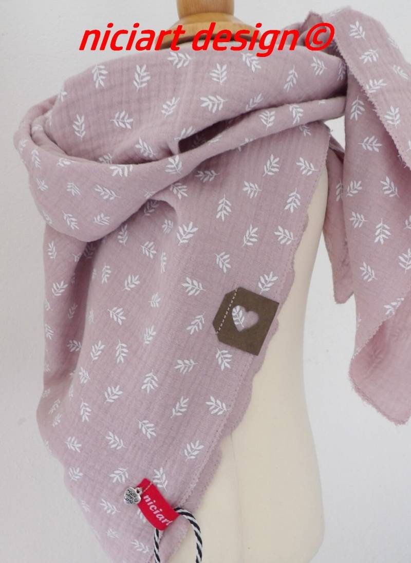 Niciart Designer Kinder Halstuch Wende Kinderschal Dreieckstuch Musselintuch Altrosa Weiß Kleine Zweige Musselin 100% Baumwolle von niciartdesign